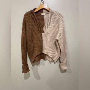 Altar'd State Brown and Cream V-Neck Sweater
